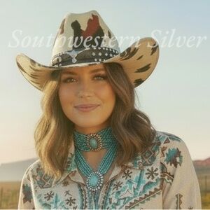 NEW Southwestern Cowhide Print Vegan Suede Leather Light Tan Brown Cowboy Hat